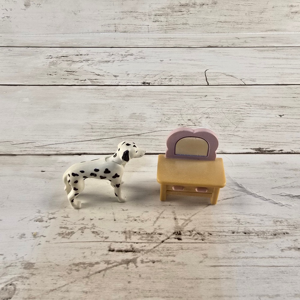 Vintage Polly Pocket Dalmatian Dog Figure and Vanity Table Accessory‎ Set